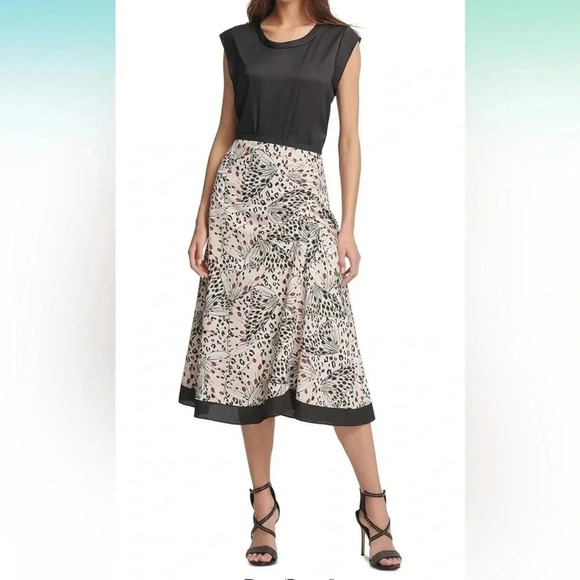 DKNY Skirt Midi Black Tan Chiffon Butterfly Floral Ruched Flowy Resort Y2K - Picture 3 of 8